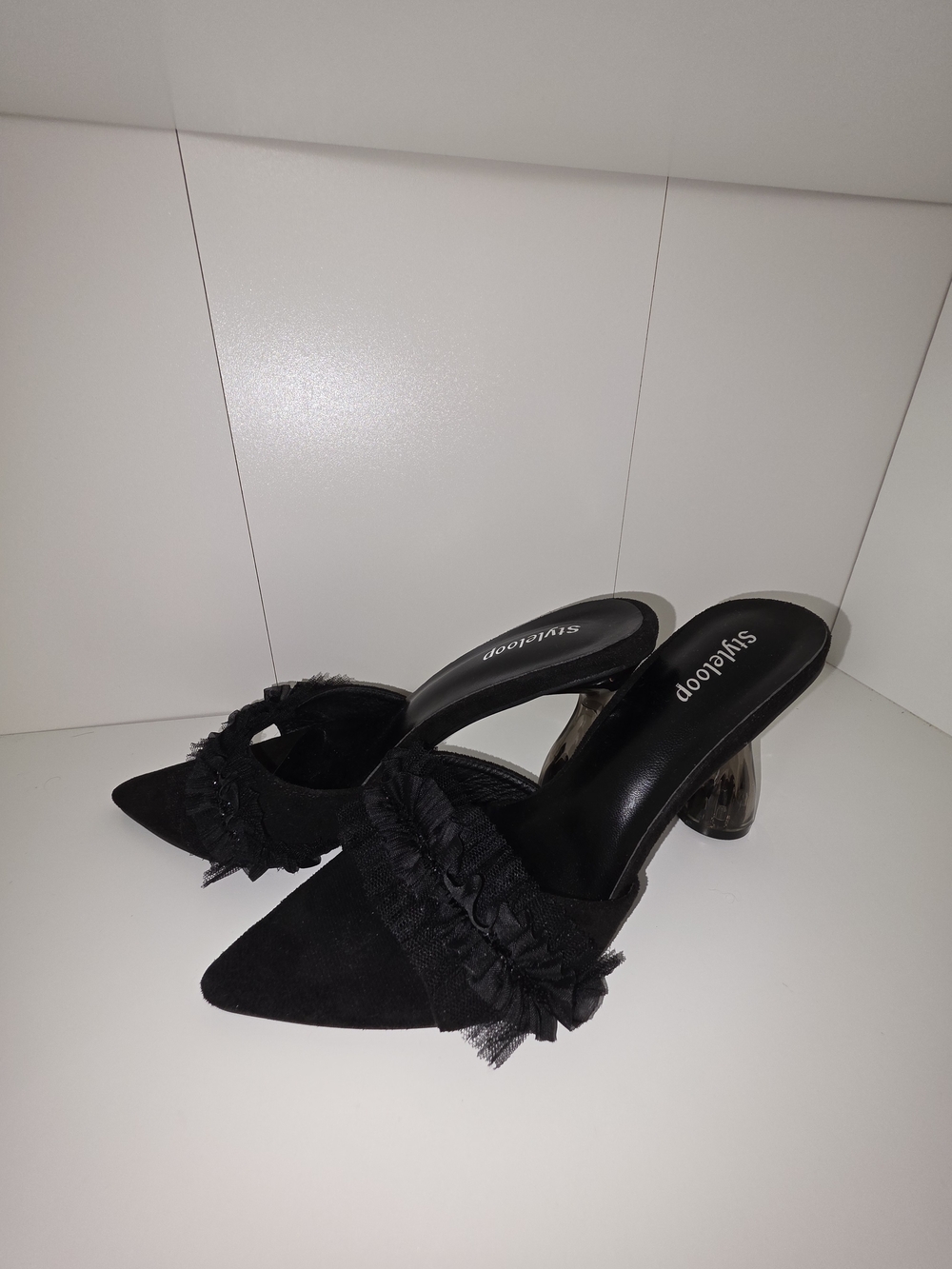 Black Pointed Toe Ruffle Slide Heels - Picture 2 of 4